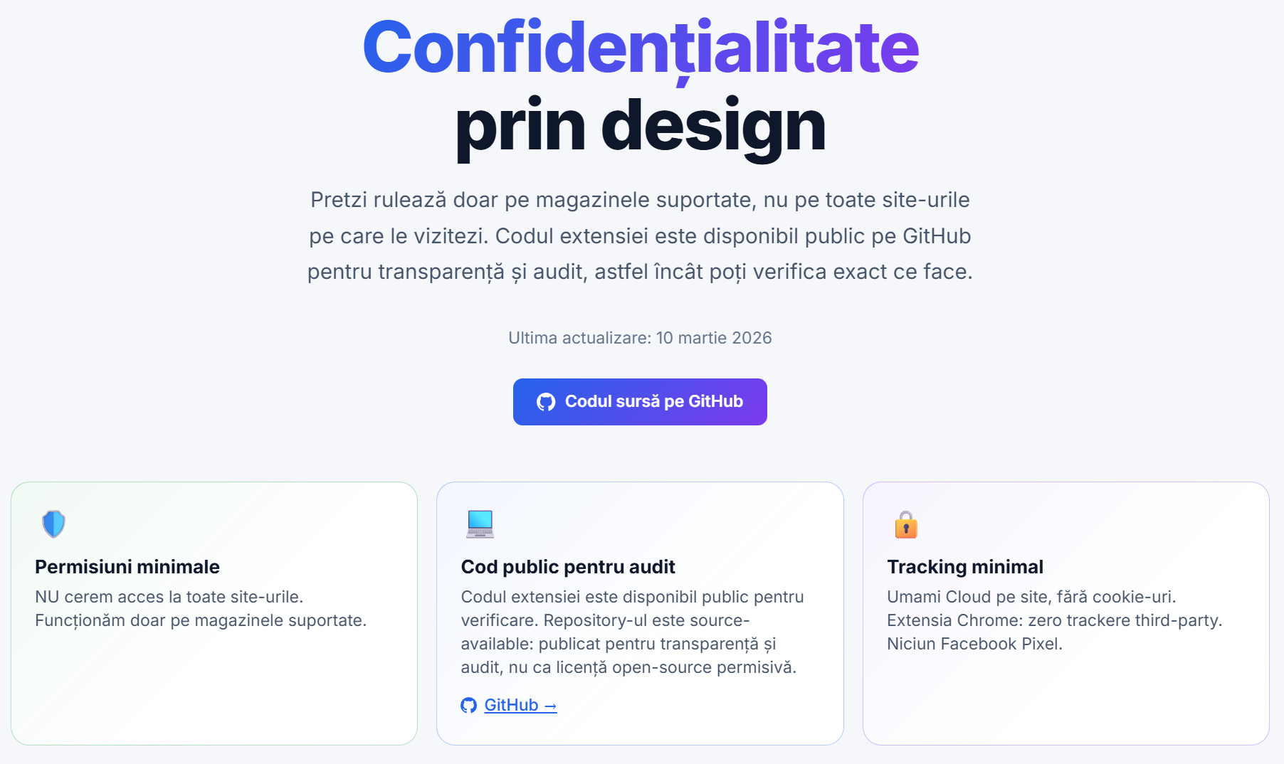 Pretzi privacy page explaining minimal permissions, privacy-aware analytics, and minimal tracking