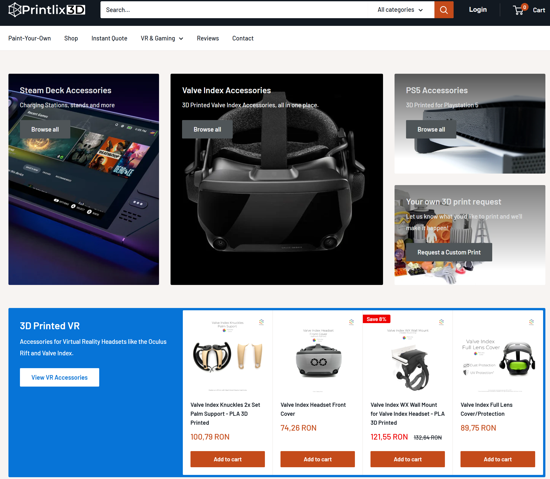 Printlix3D storefront showing 3D printed VR accessories and product listings