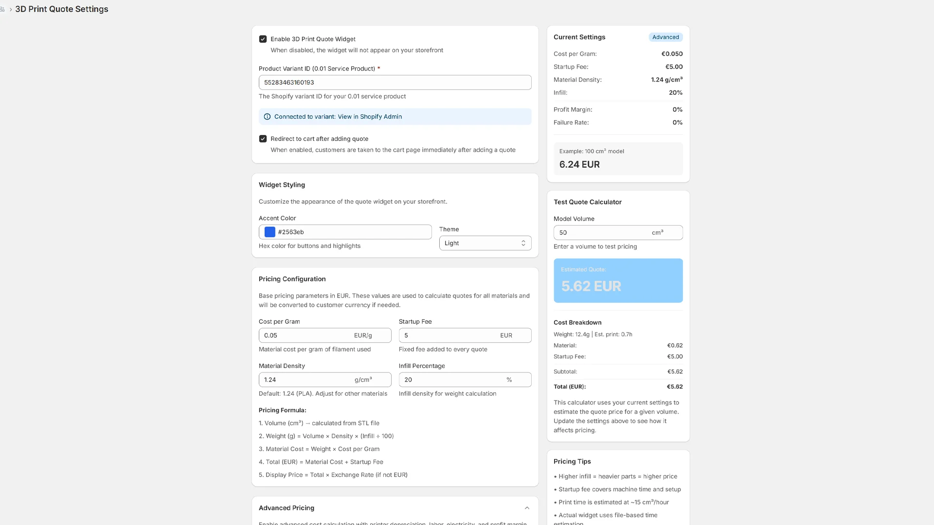 Shopify merchant settings for configuring material, startup fee, infill, and pricing