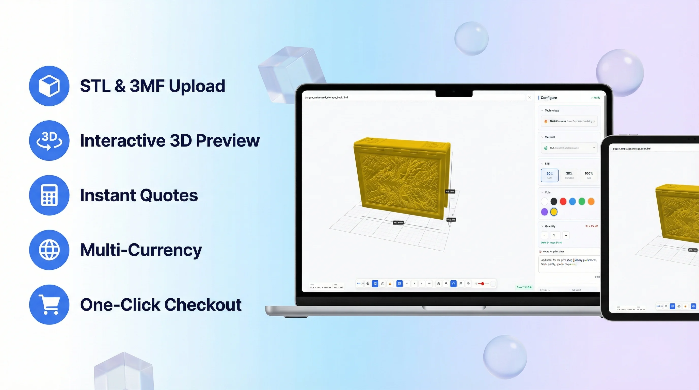 3D Print Quote Calculator showing an uploaded model, instant quote controls, and Shopify checkout integration