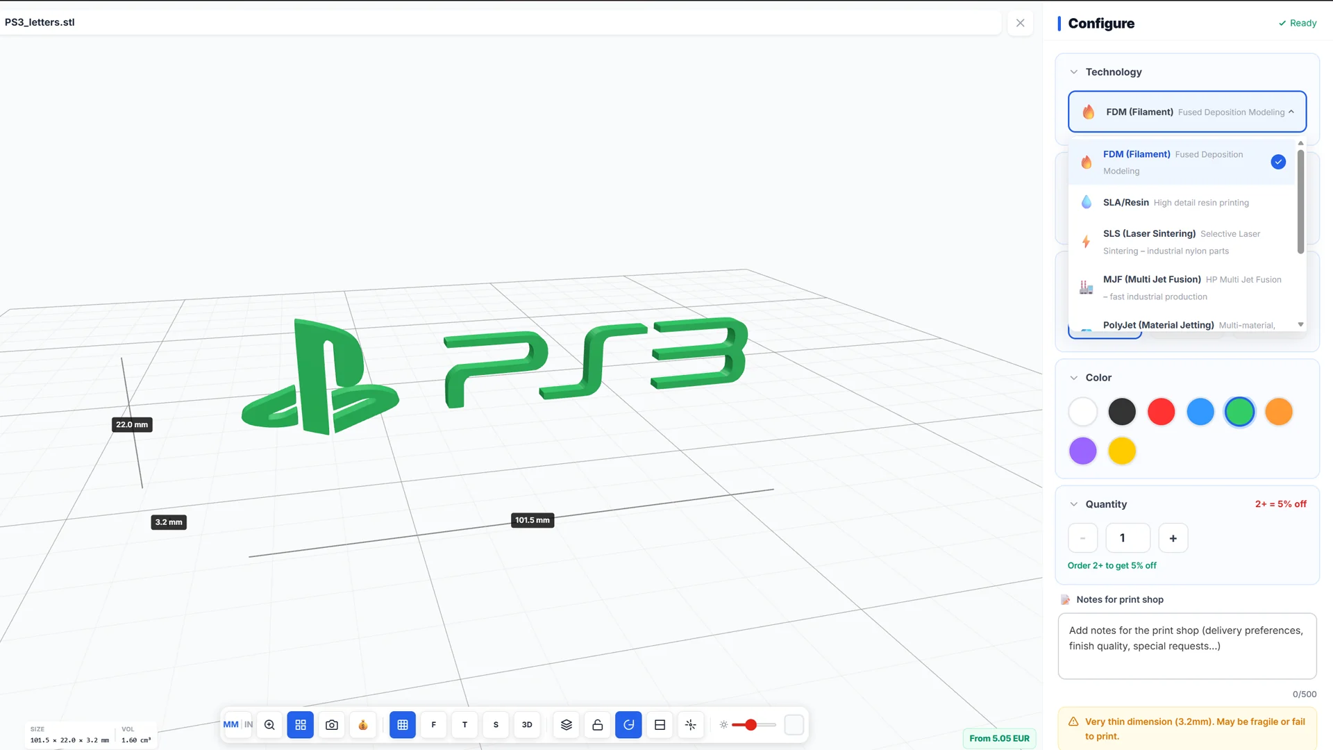 Interactive 3D model viewer with technology, material, color, quantity, notes, dimensions, and live quote controls