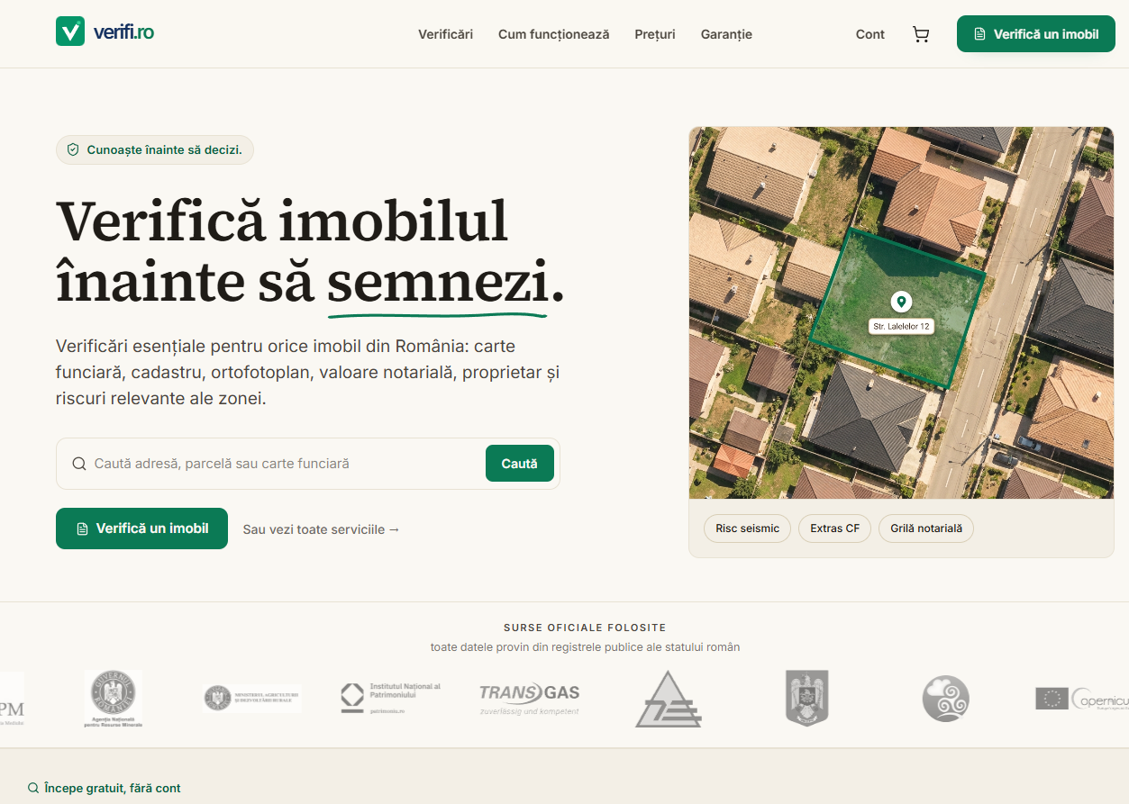 Verifi Romanian homepage for checking a property before signing